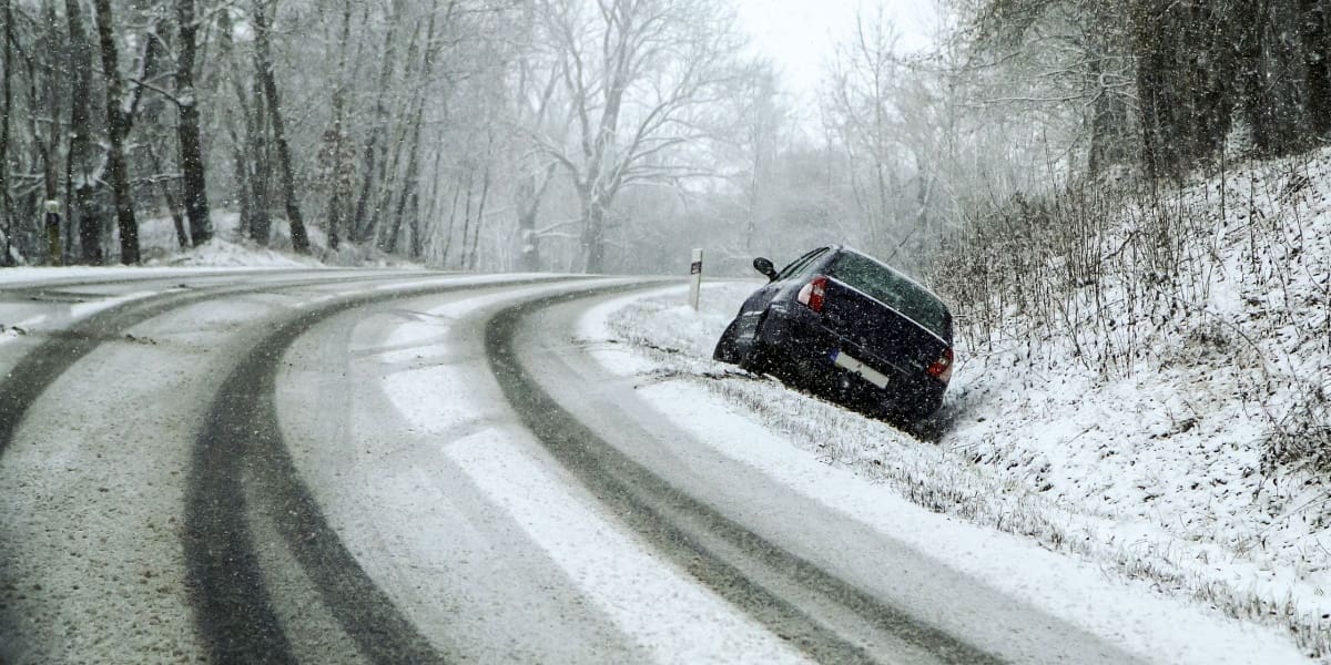 Car in a ditch on icy roads